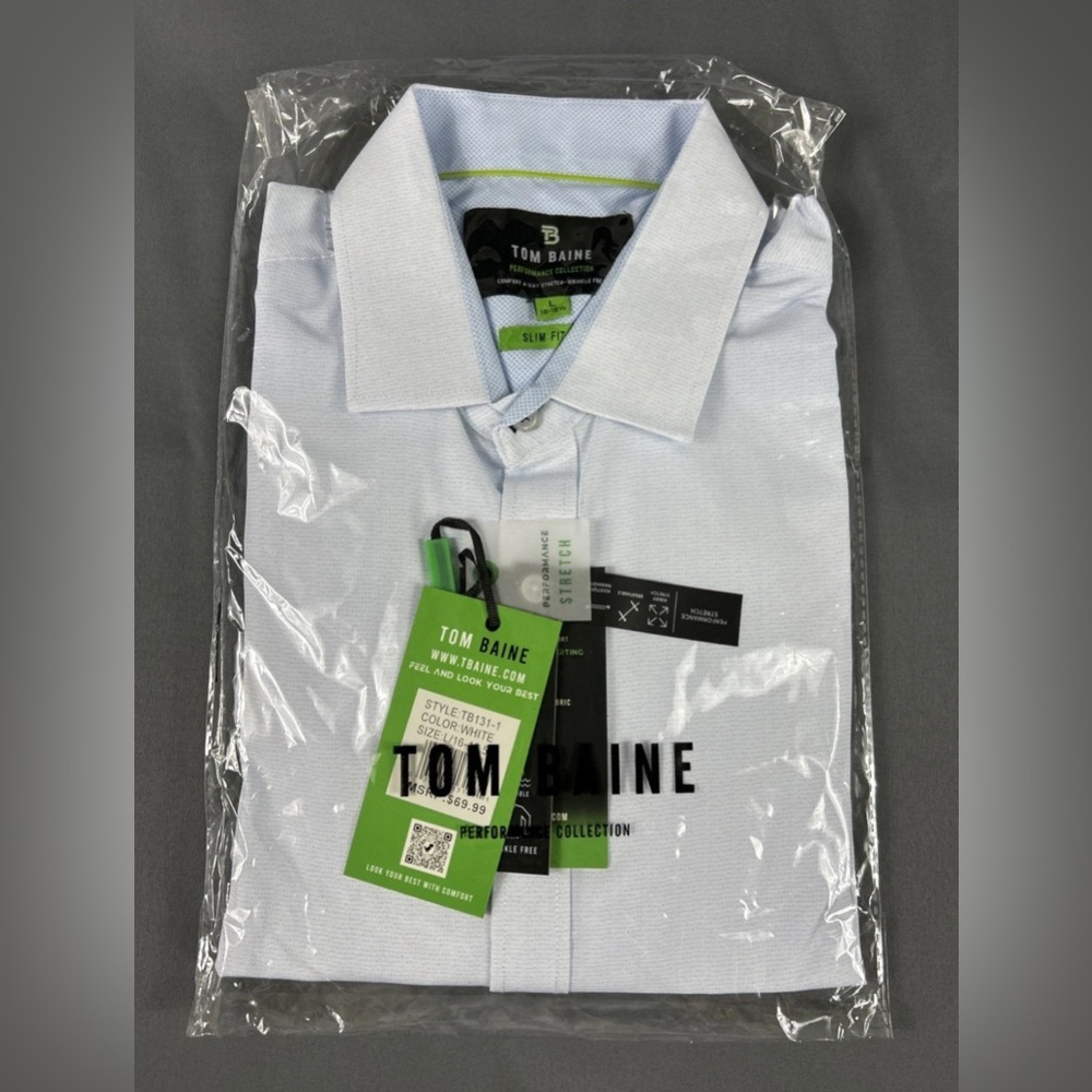 Tom Baine Dress Shirt Slim Performance Large 16-16.5 White Blue Polyester